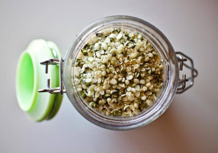 jar of hemp seeds that can be made into hemp protein powder