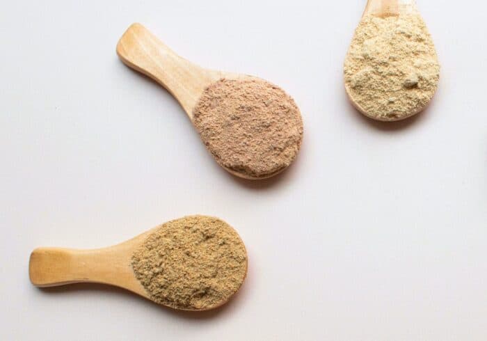 different scoops of hemp protein powder that is higher in protein than hemp seeds